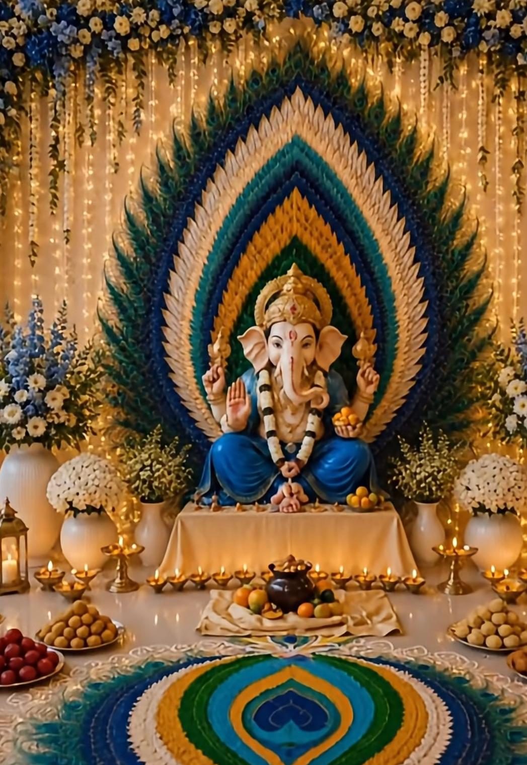 Luxury peacock-themed Ganesh Chaturthi decor setup with florals, diyas and warm lights